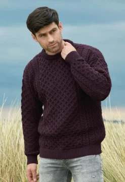 Mens Fisherman Sweaters|Mens Knitwear*Sweater Shop Unisex Merino Wool Aran Sweater Damson