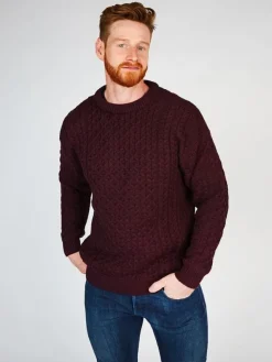 Mens Fisherman Sweaters|Mens Knitwear*Sweater Shop Unisex Merino Wool Aran Sweater Damson