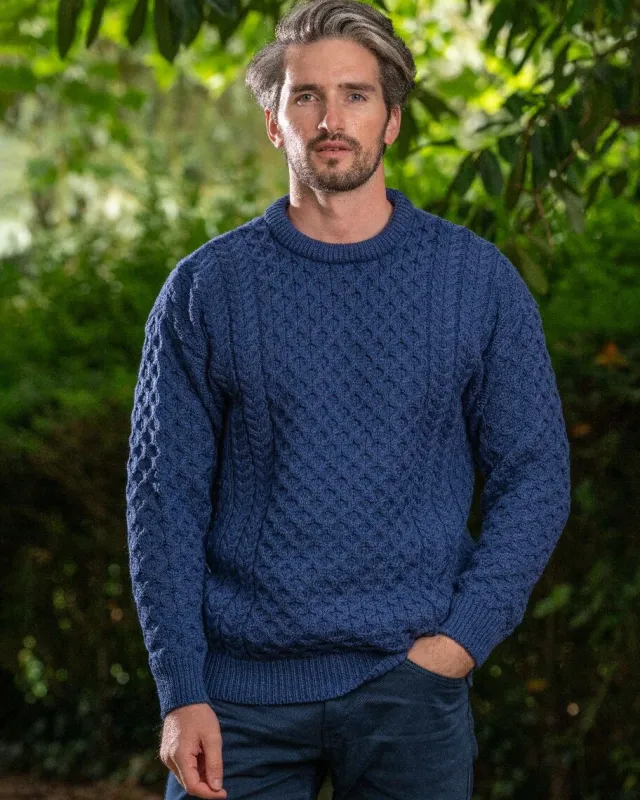 Mens Fisherman Sweaters|Mens Knitwear*Sweater Shop Unisex Merino Wool Aran Sweater Denim Blue