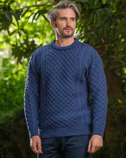 Mens Fisherman Sweaters|Mens Knitwear*Sweater Shop Unisex Merino Wool Aran Sweater Denim Blue