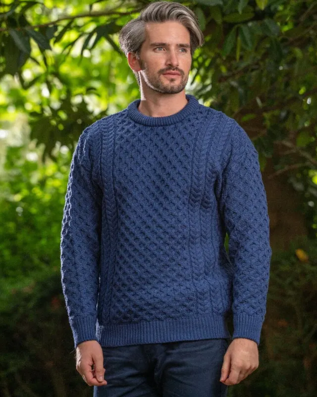 Mens Fisherman Sweaters|Mens Knitwear*Sweater Shop Unisex Merino Wool Aran Sweater Denim Blue