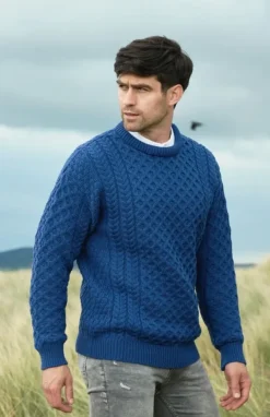 Mens Fisherman Sweaters|Mens Knitwear*Sweater Shop Unisex Merino Wool Aran Sweater Denim Blue