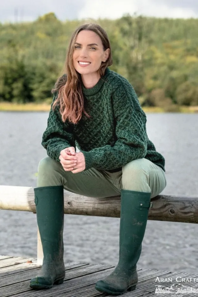 Womens Irish Knitwear|Womens Aran Fisherman Sweaters*Sweater Shop Unisex Merino Wool Aran Sweater Army Green