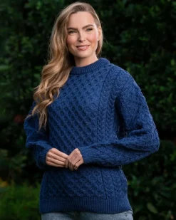 Womens Irish Knitwear|Womens Aran Fisherman Sweaters*Sweater Shop Unisex Merino Wool Aran Sweater Denim
