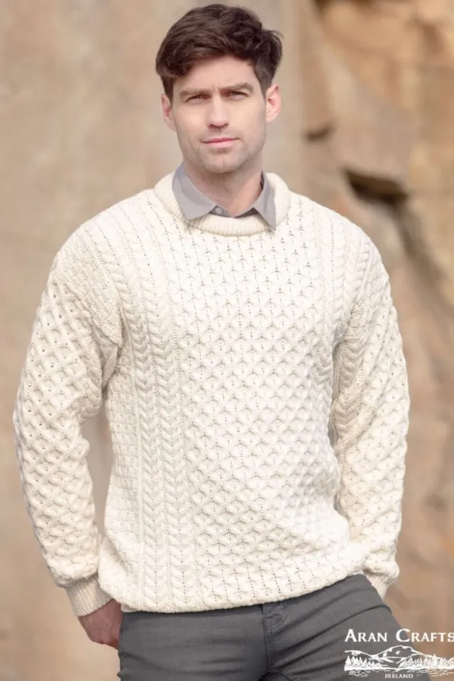 Mens Fisherman Sweaters*Sweater Shop Unisex Merino Wool Aran Sweater Natural