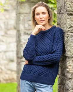 Womens Irish Knitwear|Womens Aran Fisherman Sweaters*Sweater Shop Unisex Merino Wool Aran Sweater Deep Water Blue