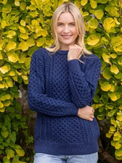 Womens Irish Knitwear|Womens Aran Fisherman Sweaters*Sweater Shop Unisex Merino Wool Aran Sweater Deep Water Blue