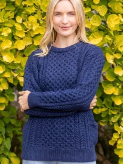 Womens Irish Knitwear|Womens Aran Fisherman Sweaters*Sweater Shop Unisex Merino Wool Aran Sweater Deep Water Blue