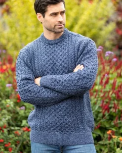 Mens Fisherman Sweaters|Mens Knitwear*Sweater Shop Unisex Merino Wool Aran Sweater Denim Marl