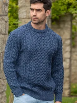 Mens Fisherman Sweaters|Mens Knitwear*Sweater Shop Unisex Merino Wool Aran Sweater Denim Marl