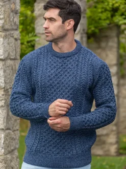 Mens Fisherman Sweaters|Mens Knitwear*Sweater Shop Unisex Merino Wool Aran Sweater Denim Marl