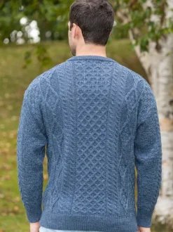 Mens Fisherman Sweaters|Mens Knitwear*Sweater Shop Unisex Merino Wool Aran Sweater Denim Marl