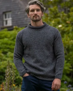 Mens Fisherman Sweaters*Sweater Shop Unisex Roll Neck Merino Wool Sweater Slate
