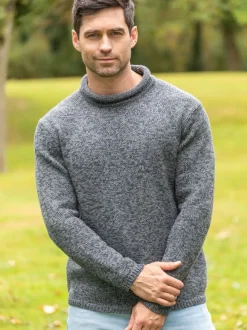 Mens Fisherman Sweaters*Sweater Shop Unisex Roll Neck Merino Wool Sweater Slate
