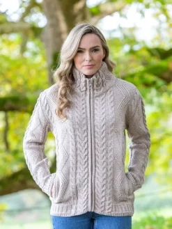 Womens Irish Knitwear*Sweater Shop Womens Cable Knit Cardigan with Claddagh Zip
