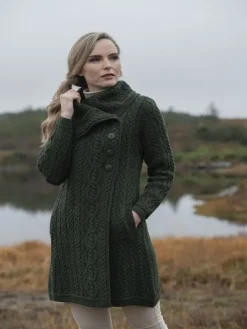 Womens Aran & Tweed Coats|Womens Irish Knitwear*Sweater Shop Womens Long Coat with Chunky Collar Green