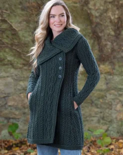 Womens Aran & Tweed Coats|Womens Irish Knitwear*Sweater Shop Womens Long Coat with Chunky Collar Green