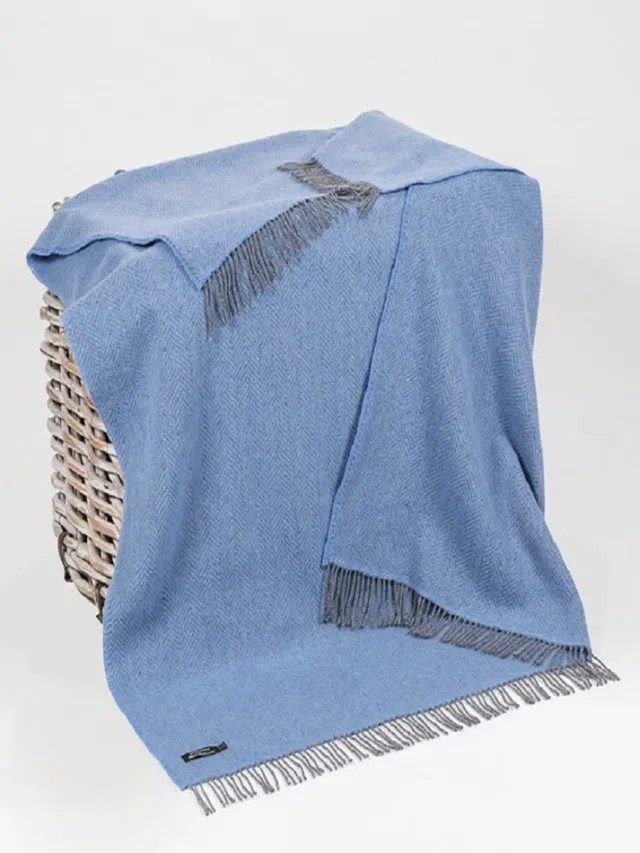 Cashmere & Merino Throws*Sweater Shop Wool and Cashmere Blue Herringbone Throw Col: 1403