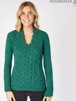 Womens Irish Knitwear|Cashmere And Merino Wool Sweaters*Sweater Shop Wool and Cashmere Cable v Neck Sweater - Green Garden