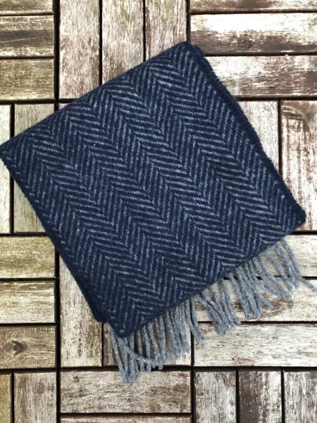 Wool Cashmere*Sweater Shop Wool and Cashmere Herringbone Scarf - Navy 2425