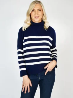 Womens Irish Knitwear|Cashmere And Merino Wool Sweaters*Sweater Shop Wool and Cashmere Sweater - Navy Stripe