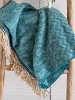 Cashmere & Merino Throws*Sweater Shop Wool and Cashmere Turquoise Herringbone Throw Col: 1417