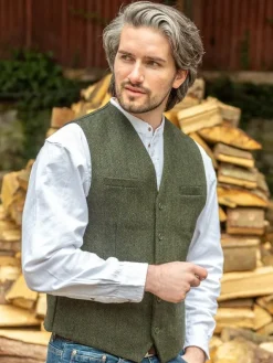 Mens Waistcoats*Sweater Shop Wool Blend Lined Waistcoat Olive Herringbone