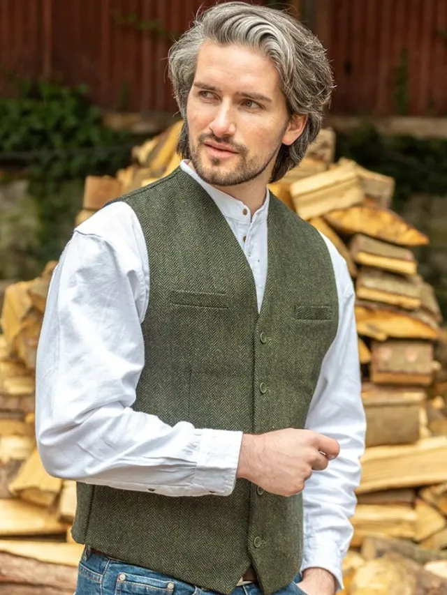 Mens Waistcoats*Sweater Shop Wool Blend Lined Waistcoat Olive Herringbone