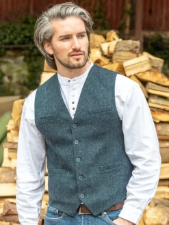 Mens Waistcoats*Sweater Shop Wool Blend Lined Waistcoat Navy Herringbone