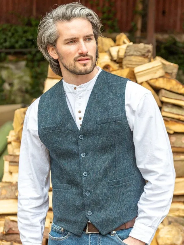 Mens Waistcoats*Sweater Shop Wool Blend Lined Waistcoat Navy Herringbone