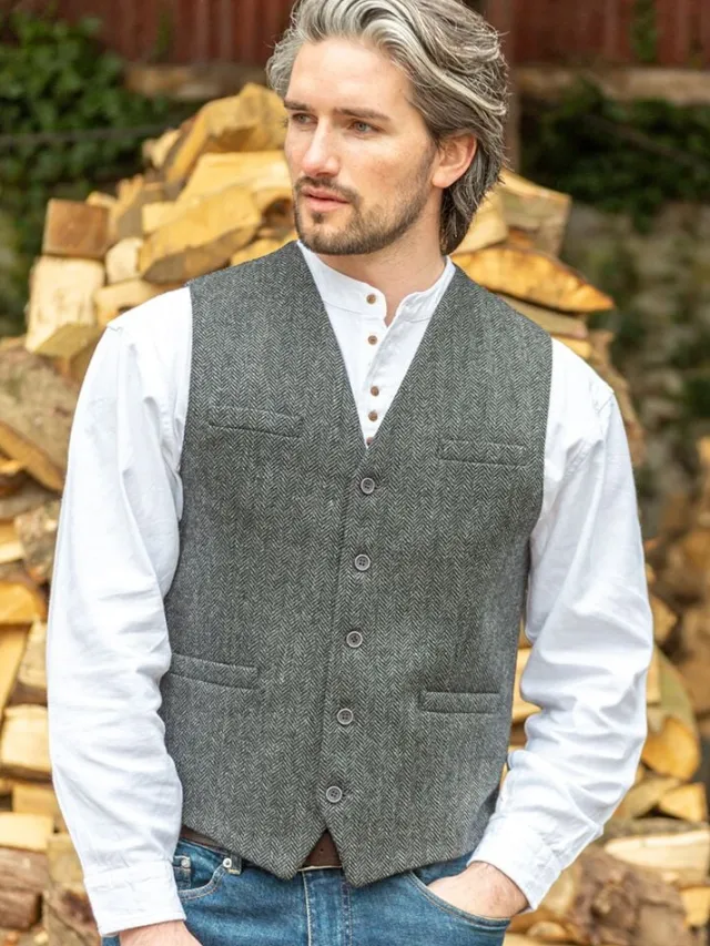 Mens Waistcoats*Sweater Shop Wool Blend Lined Waistcoat Grey Herringbone