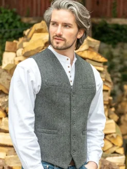 Mens Waistcoats*Sweater Shop Wool Blend Lined Waistcoat Grey Herringbone