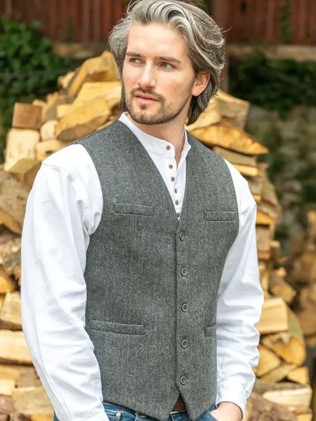 Mens Waistcoats*Sweater Shop Wool Blend Lined Waistcoat Grey Herringbone