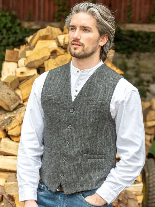 Mens Waistcoats*Sweater Shop Wool Blend Lined Waistcoat Grey Herringbone